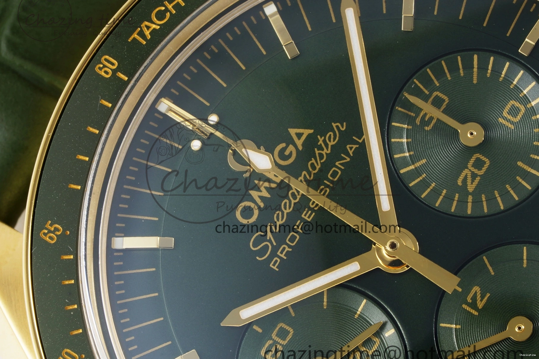 0205 Speedmaster Moonwatch in Moonshine Gold YG RMF Best Edition Green Dial on Green Leather Strap Manual Chrono EasyCare 7832